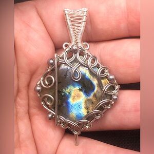 Wire Wrapped Multi Fire Labradorite Pendant Necklace Handmade OOAK